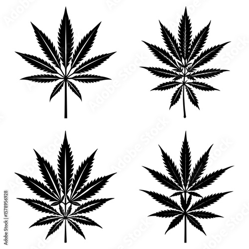 Four black cannabis leaves arranged in a square pattern on a white background illustration style
