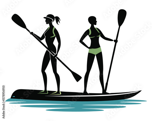 Two Women Paddleboarding Together on a Sunny Day in Silhouette Style