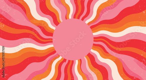 A retro sunburst background features pink, orange, and cream wavy lines radiating from a central circle
