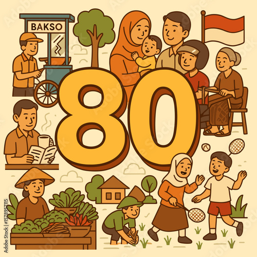 Celebrate Indonesian Independence Day with this festive graphic showcasing people, culture, and national pride through traditional activities.