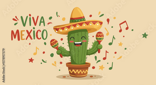 Child's naive drawing of happy cactus wearing sombrero and maracas celebrates Mexico for Mexican Independence Day, promotional materials