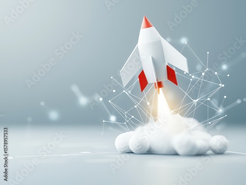 Business paper plane concept. Rocket launching into space with abstract geometric background and smoke effects.