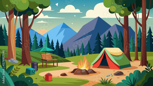 Idyllic mountain campsite with tent campfire and seating area