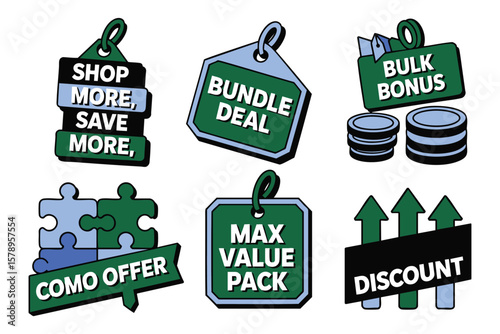 E-commerce Sale Tags: Bundle Deals, Discounts, Max Value Packs, Shop More Save More