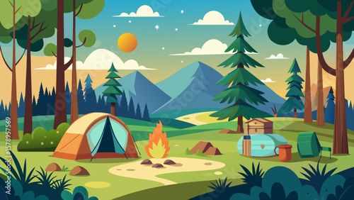 Serene mountain landscape with a cozy campsite and a warm campfire