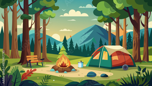 Cozy campsite in a forest with a campfire and tent at sunset