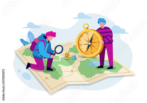 Exploring a new world with a map and a compass finding the best route for adventure and discovery across diverse landscapes with excitement and wonder