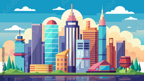 Vibrant flat design cityscape with modern skyscrapers and reflections on water
