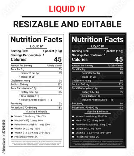 Liquid IV Nutrition Facts Label Template – Editable, Resizable FDA-Style Design for Electrolyte Drink Packaging