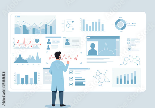 Scientist Analyzing Complex Medical Data and Biological Information on a Large Digital Display Showing Charts Graphs and Patient Records
