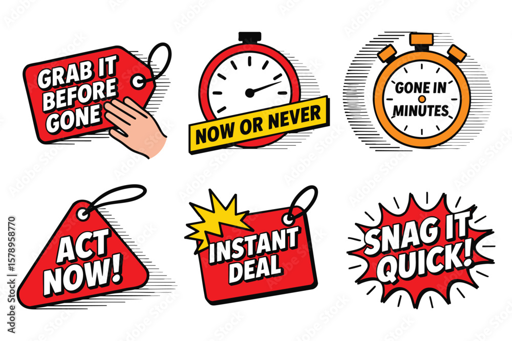 Obraz premium Urgent Sale Tags: Flash Sale, Act Now, Limited Time Offers, Pop Art Design Elements