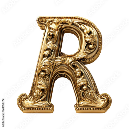 Ornate Gold Letter R Initial Design Embellished Artistic Alphabet Golden on transparent background