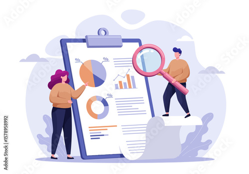 Team of business analysts examining financial reports and data charts with a magnifying glass for insightful understanding and strategic decision making