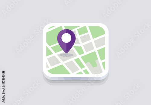 Illustrative representation of a digital map with a prominent purple location pin at the center indicating a specific geographical point of interest for navigation and wayfinding purposes