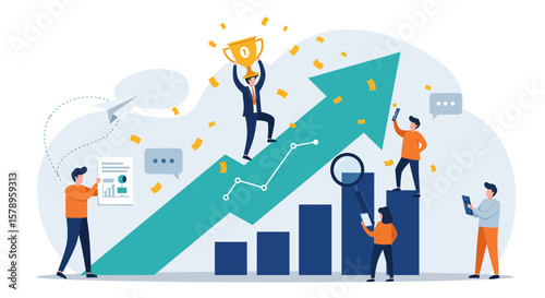 Illustrating the concept of business growth and success with a team celebrating achievements and climbing upward trending charts and graphs representing progress and financial advancement