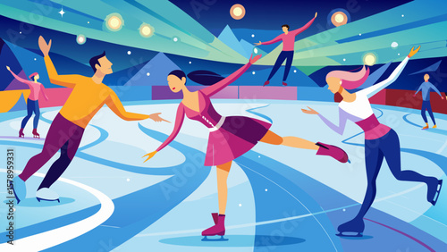 Diverse group of people enjoying ice skating on a beautifully lit outdoor rink