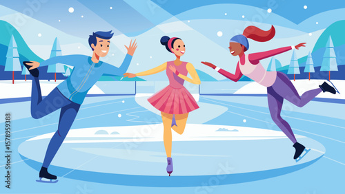 Three diverse friends enjoying ice skating together on a winter day