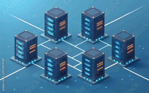 Isometric view of a data center with multiple connected server racks and data storage units networked together.
