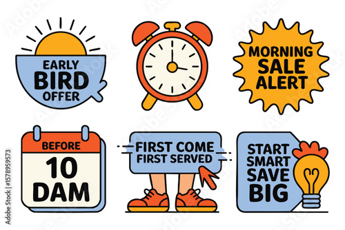 Early Bird Sale: Morning Deals, Limited Time Offers, Flash Sale Graphics, Promotional Icons, Marketing Assets, Discount Badges, Retail Sale Elements, Vector Illustrations