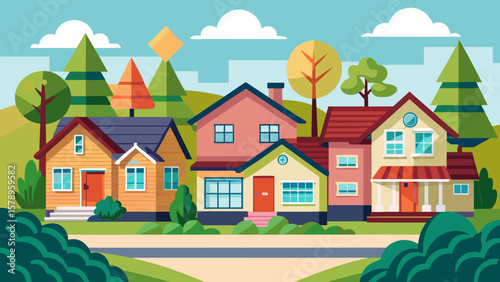 Charming suburban neighborhood with colorful houses and lush green trees