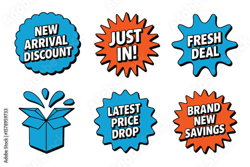 Sale Badges: New Arrival, Just In, Fresh Deal, Big Drop, Graphic Design Elements for Marketing & Promotion