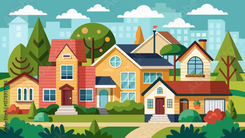 Charming suburban neighborhood with colorful houses and lush green trees