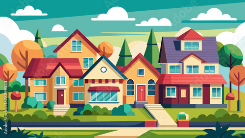 Charming suburban neighborhood with colorful houses and trees under a bright sky