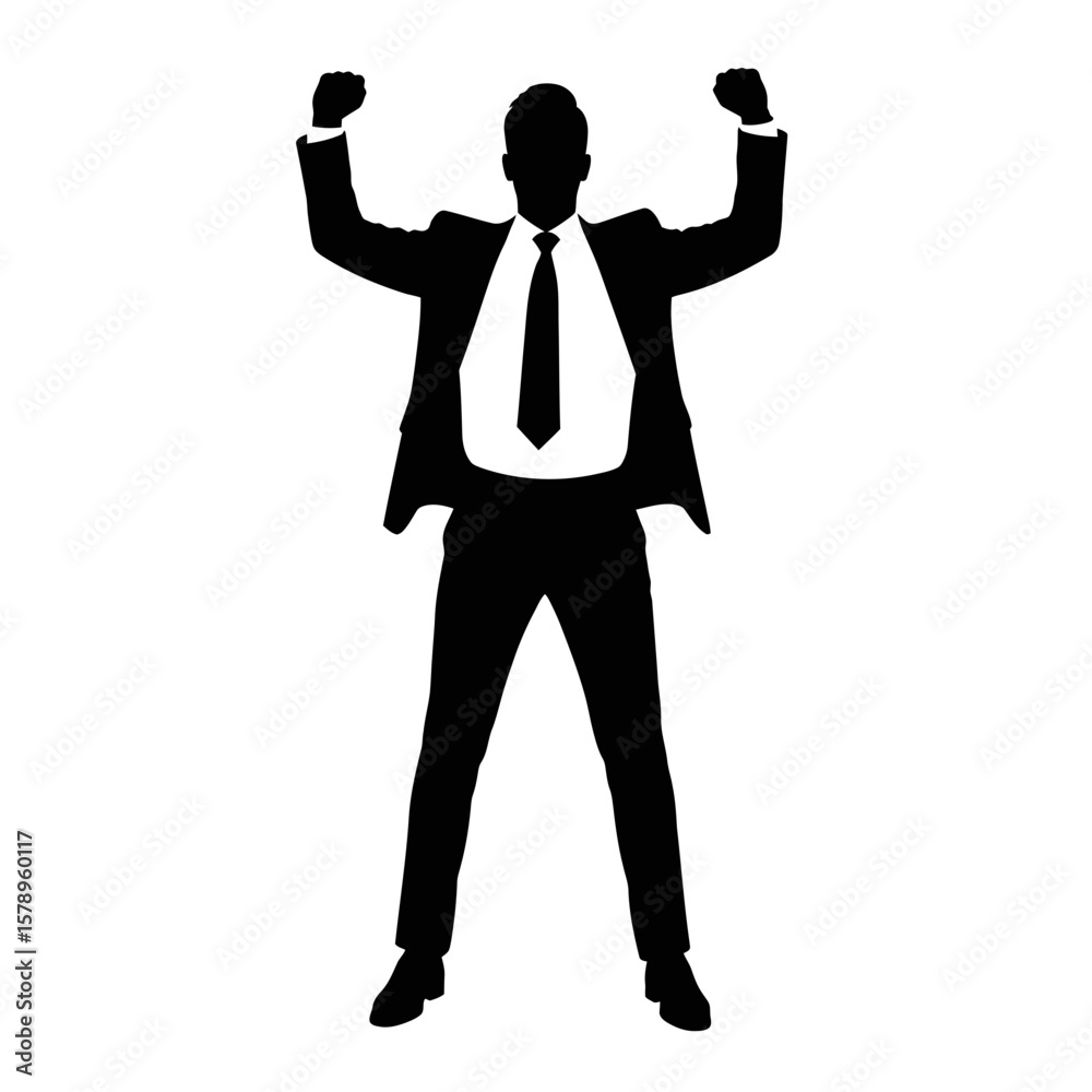 Obraz premium Victory Silhouette: A strong silhouette of a business person stands with arms raised high in celebration, dressed impeccably in a formal suit and tie, demonstrating the essence of achievement.