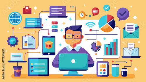 Man working with technology and data analysis on multiple devices
