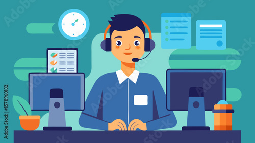 Customer service representative with headset working at a computer in an office