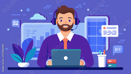 Friendly customer service representative with headset and laptop working in modern office