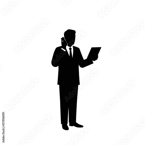 Business Silhouette: A silhouette of a business person, deeply immersed in a call while scrutinizing a document, highlighting focus, concentration, and the demands of a professional workspace.