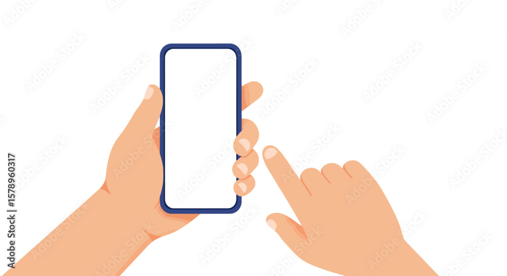 Close up of a person's hand holding a smartphone with a blank white screen and another finger pressing on the screen indicating interaction with a digital device and mobile application technology Close up of a person's hand holding a smartphone with a blank white screen and another finger pressing on the screen indicating interaction with a digital device and mobile application technology