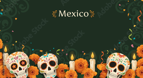 Decorative Day of the Dead skulls with marigolds and candles  