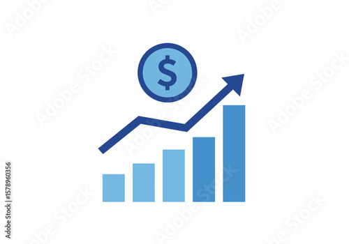 Visualizing financial growth with a rising bar graph and upward trending arrow alongside a currency symbol coin signifying increasing profits and economic prosperity