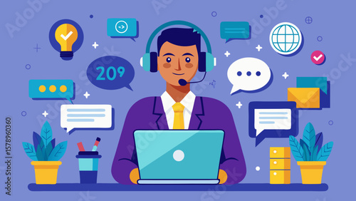 Customer service representative with headphones and laptop surrounded by communication icons