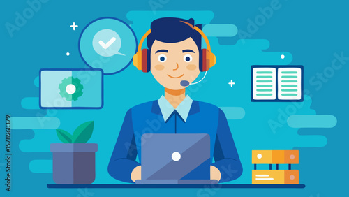 Customer service representative with headset and laptop providing online support