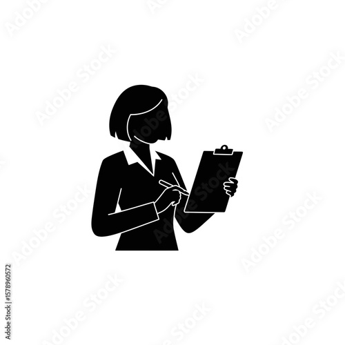 Silhouette of a Professional at Work: A stylized silhouette of a poised professional woman focused on her clipboard, embodying diligence and attention to detail.