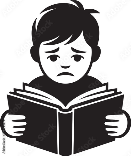 Sad Boy Reading Book Vector Icon Of Frustrated Child Struggling with Learning or Homework. Education Difficulty, Stress, or Dyslexia Concept.