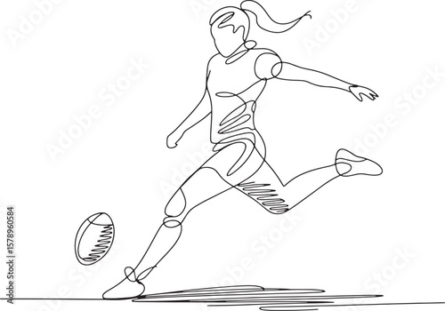 Continuous Line Art of Woman Kicking Rugby Ball, Female Rugby Player in Dynamic Sport Action. Minimalist Sportswoman Vector Illustration.