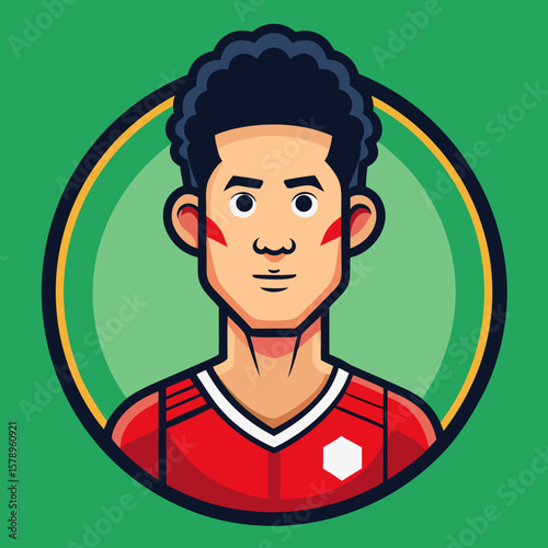 Stylized cartoon portrait of a young soccer player with curly hair and red cheek markings