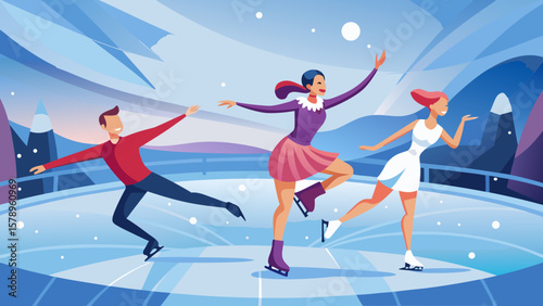 Three figure skaters gracefully gliding on an outdoor ice rink with a winter landscape
