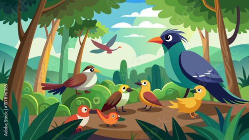 A flock of colorful birds gathered together in a lush forest scene