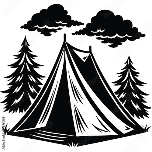 Black silhouette of a conical tent with pine trees and clouds