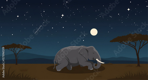 A lone elephant rests peacefully under a starry African night sky, illuminated by a bright moon.