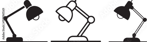 Desk Lamp Icon Set, Black Silhouette and Outline Vector