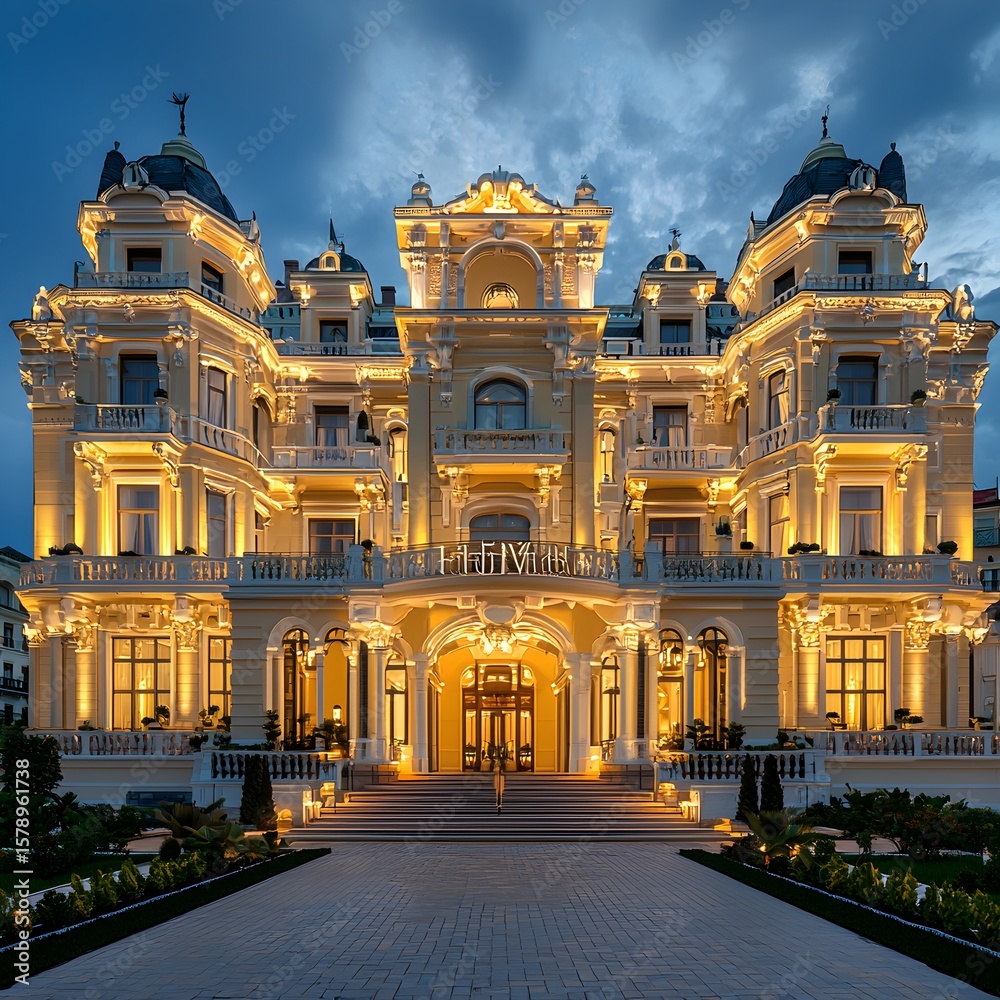 Naklejka premium Photo of a luxurious hotel building illuminated at night with elegant architecture and stunning lighting effects