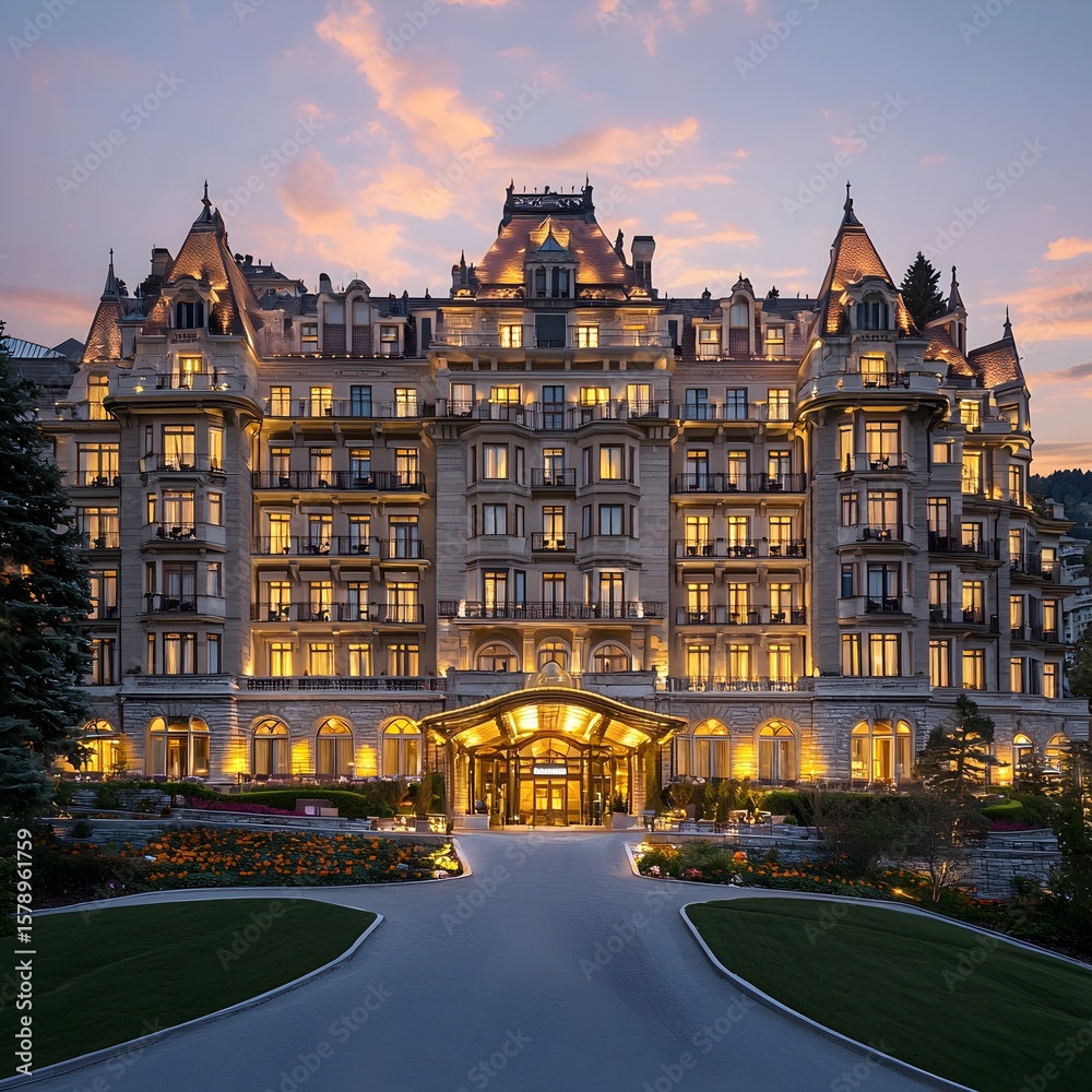 Fototapeta premium Photo of a luxurious hotel building illuminated at night with elegant architecture and stunning lighting effects