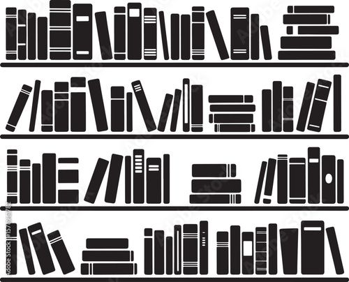 Bookshelf Silhouette Icon, Stacked Books on Shelves. Education, Library, Bookstore, Knowledge, Learning, and Reading Vector Graphic.