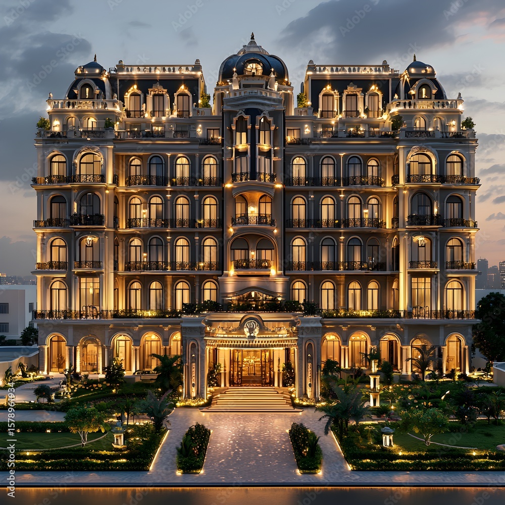 Fototapeta premium Photo of a luxurious hotel building illuminated at night with elegant architecture and stunning lighting effects